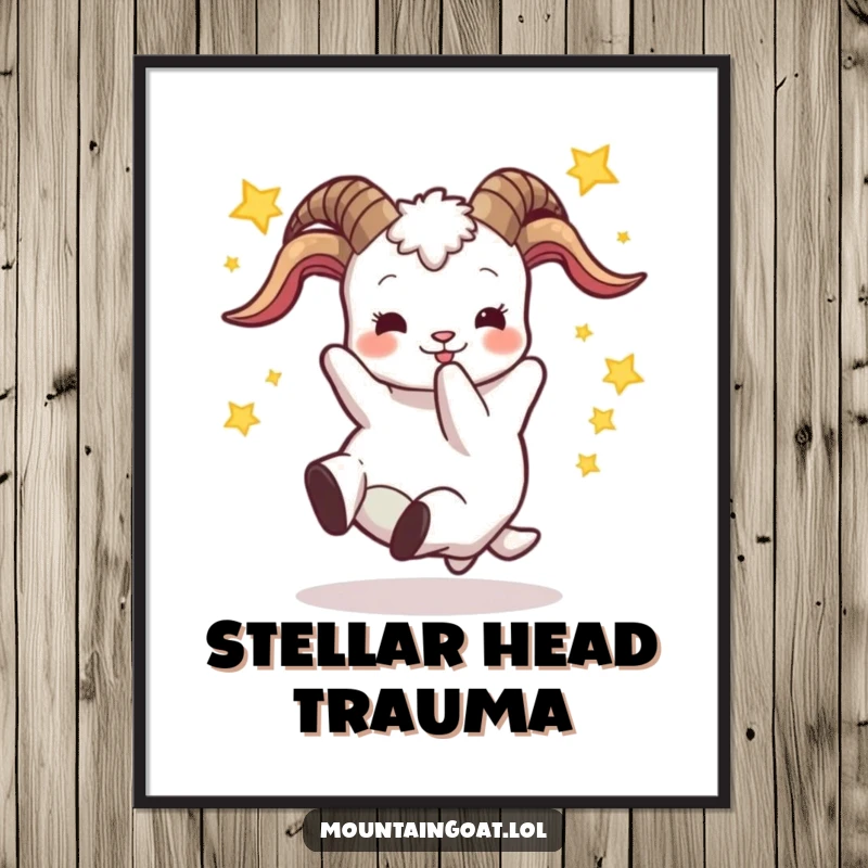 Funny poster art of a goat falling backward with stars, a humorous and eye-catching piece of wall decor for goat lovers.