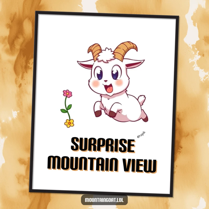 Funny startled goat poster, a wide-eyed mountain goat leaping backward, dropping a single flower in a comical display of surprise.