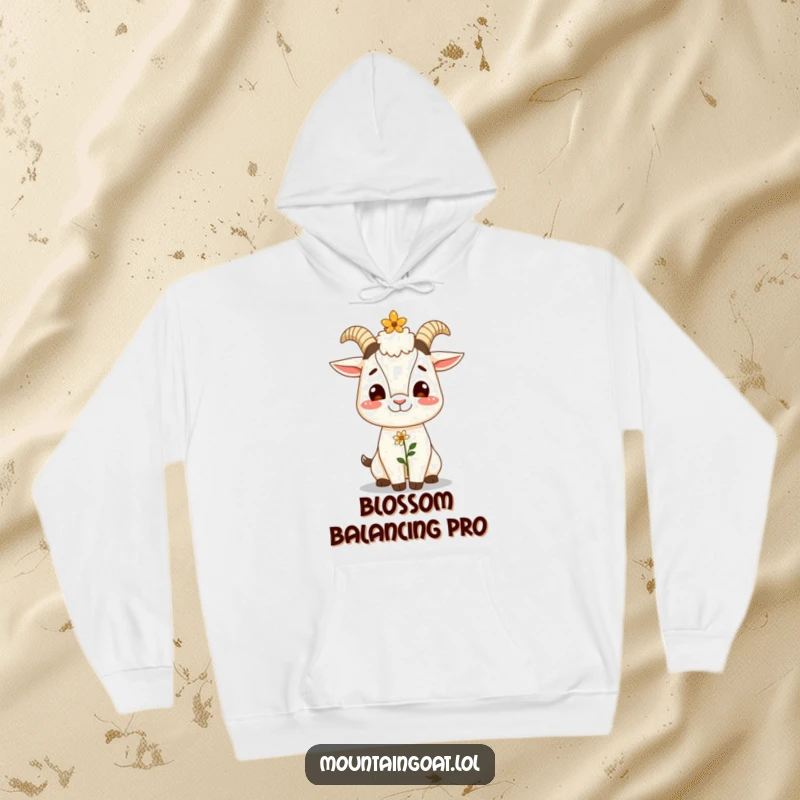 Funny hoodie with a giggling mountain goat balancing a small flower on its nose, perfect for spreading cheerful vibes.