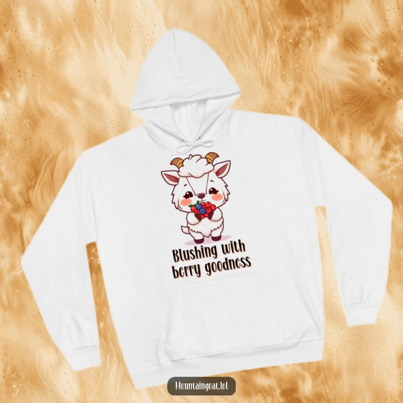 Funny Blushing Goat Berries Hoodie, depicting a shy goat with berries, designed for ultimate cozy sweetness and humor.