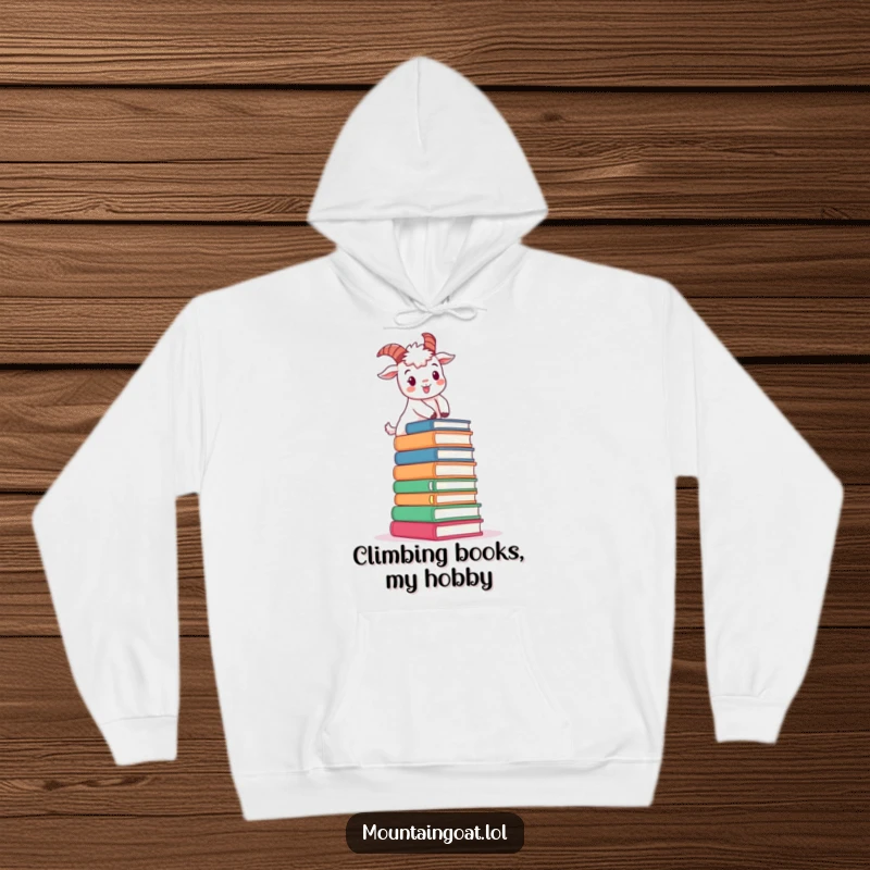 Funny determined mountain goat character hoodie, cheerfully climbing a stack of oversized books, combining warmth and intellect.