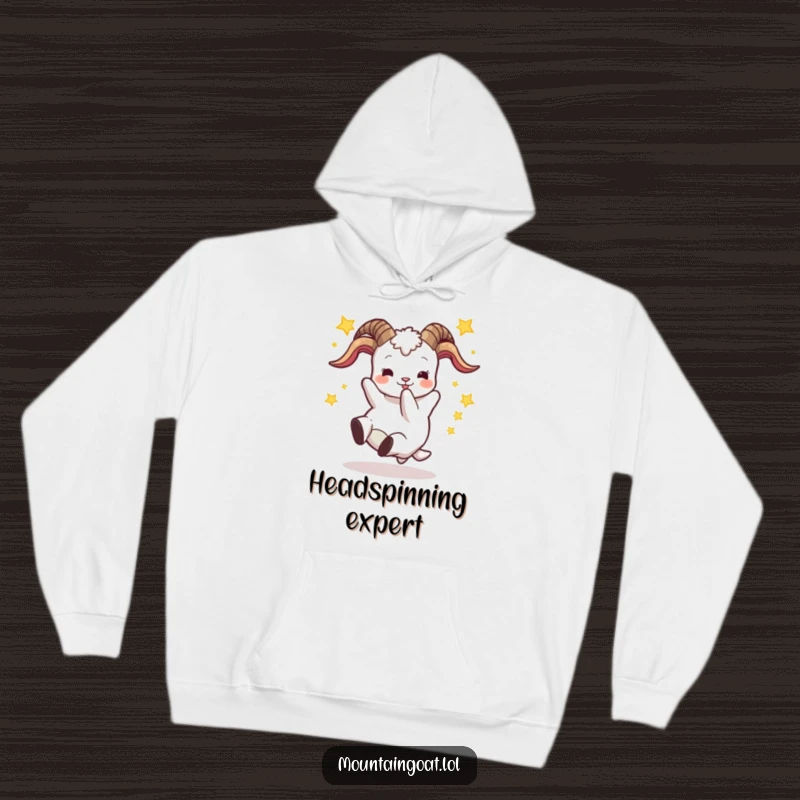 Funny hoodie illustrating a goat's backward tumble with stars, offering cozy warmth and a humorous visual for any fan of silly animals.