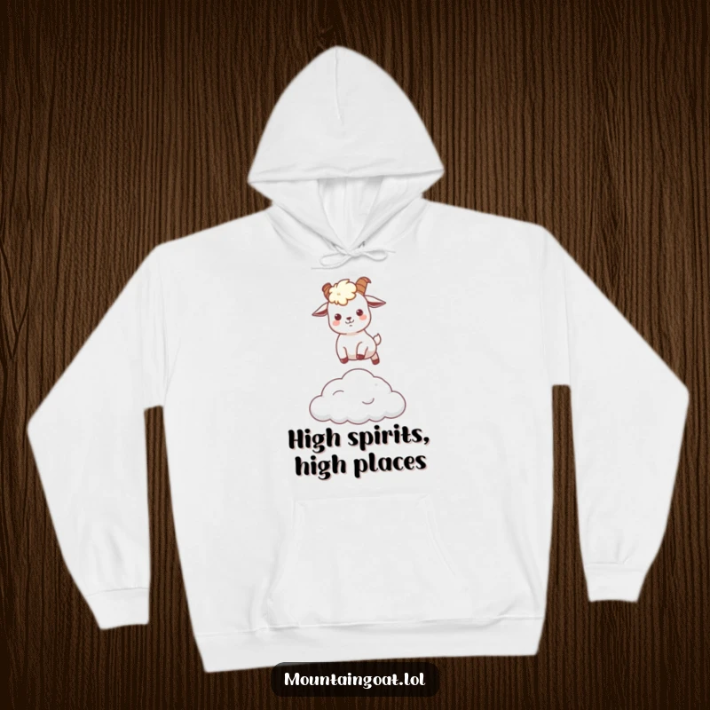 Funny kawaii mountain goat in a joyful leap over a fluffy cloud, printed on a cozy, hooded sweatshirt.