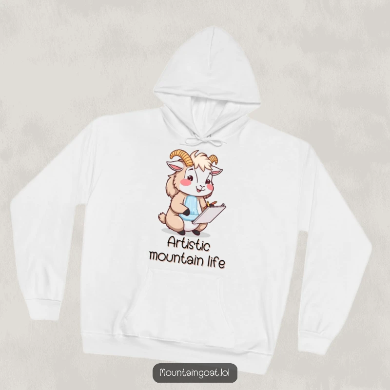 Funny happy mountain goat artist sketching a waterfall, cozy hoodie for creative nature enthusiasts.
