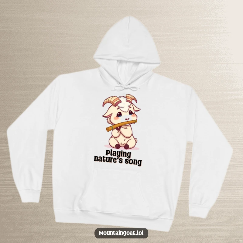 Funny Mountain Goat Flute Hoodie: A smiling goat attempts to play a tiny flute, offering warmth and humorous musical vibes.
