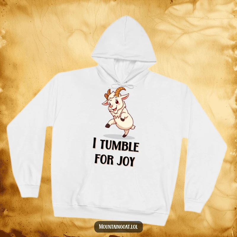 Funny mountain goat hoodie, a grinning character attempting a clumsy somersault, offering warmth and a dose of outdoor humor.