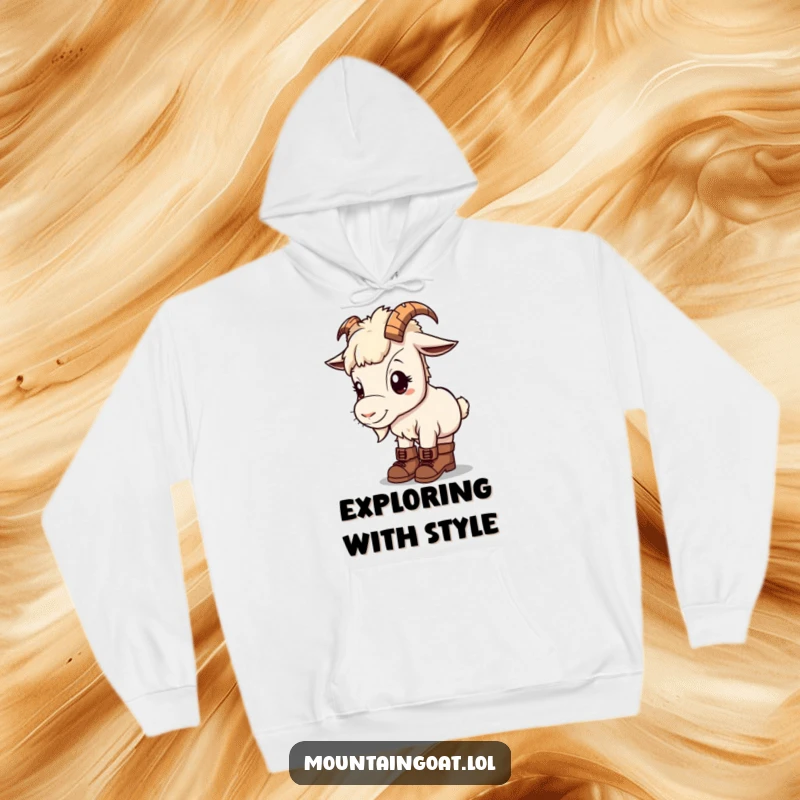 Kawaii mountain goat on a hoodie, wearing tiny hiking boots, radiating warmth and curiosity.
