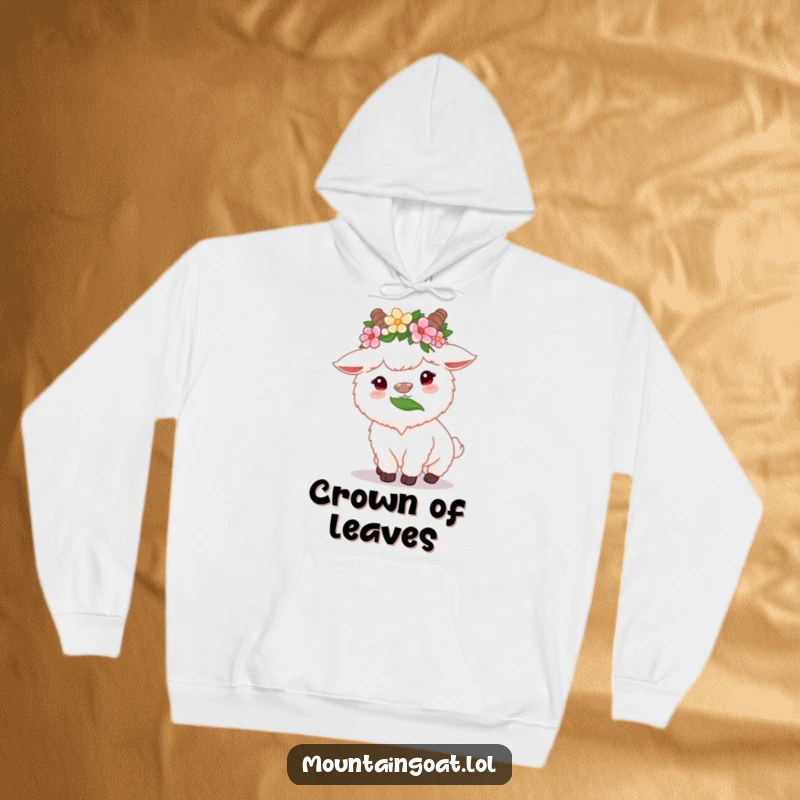 Funny fluffy white mountain goat hoodie with flower crown, happily munching on a high leaf, offering comfort and a whimsical touch.