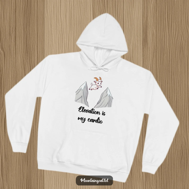 Funny Mountain Goat Hoodie: A cute kawaii goat makes a daring leap between mountain peaks, embodying courage and humor.