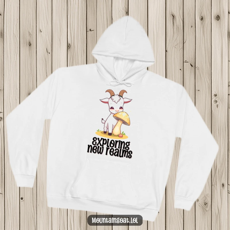 Funny curious goat sniffing a sparkling, oversized mushroom, featured on a cozy hoodie for ultimate comfort and whimsical style.',