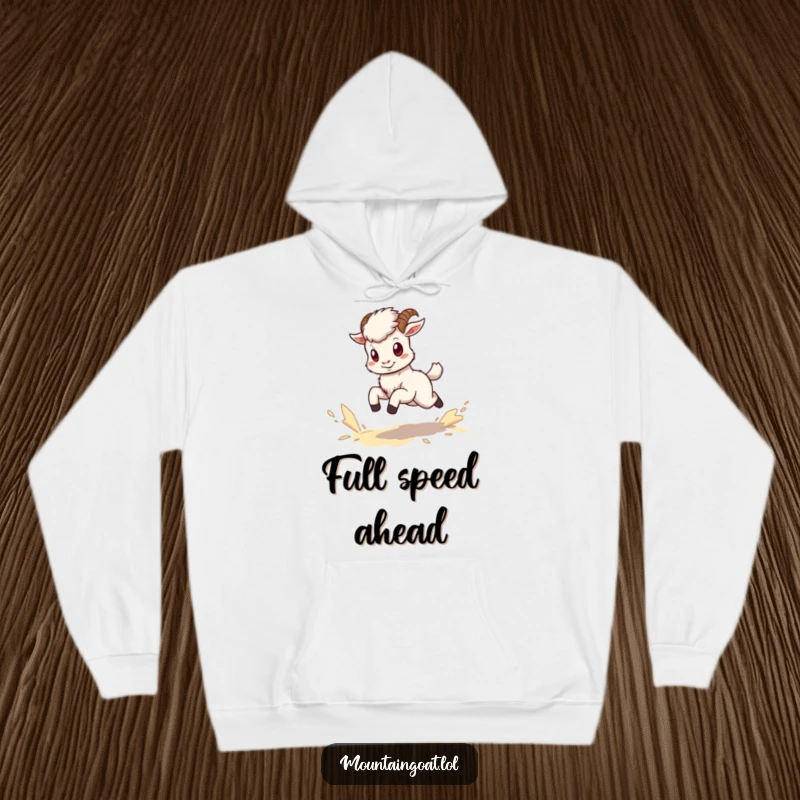 Funny kawaii mountain goat hoodie depicting a tiny, energetic goat kicking up dust while running.