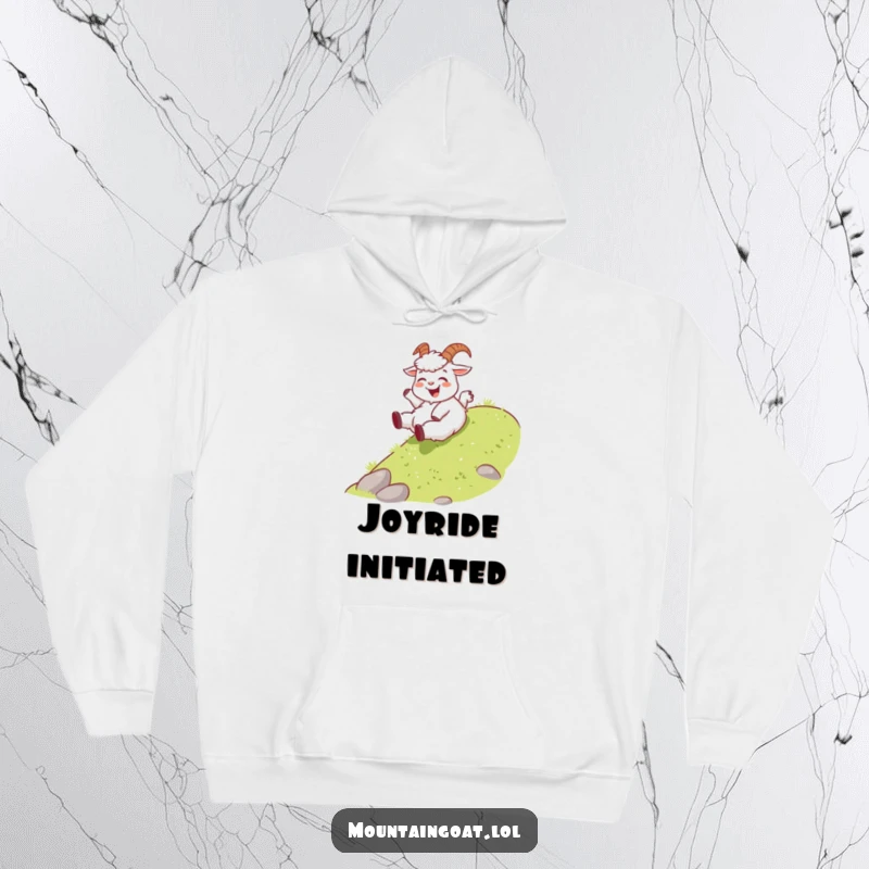 Funny joyous mountain goat hoodie, playfully sliding down a gentle grassy slope, offering warmth and a spirit of adventure.