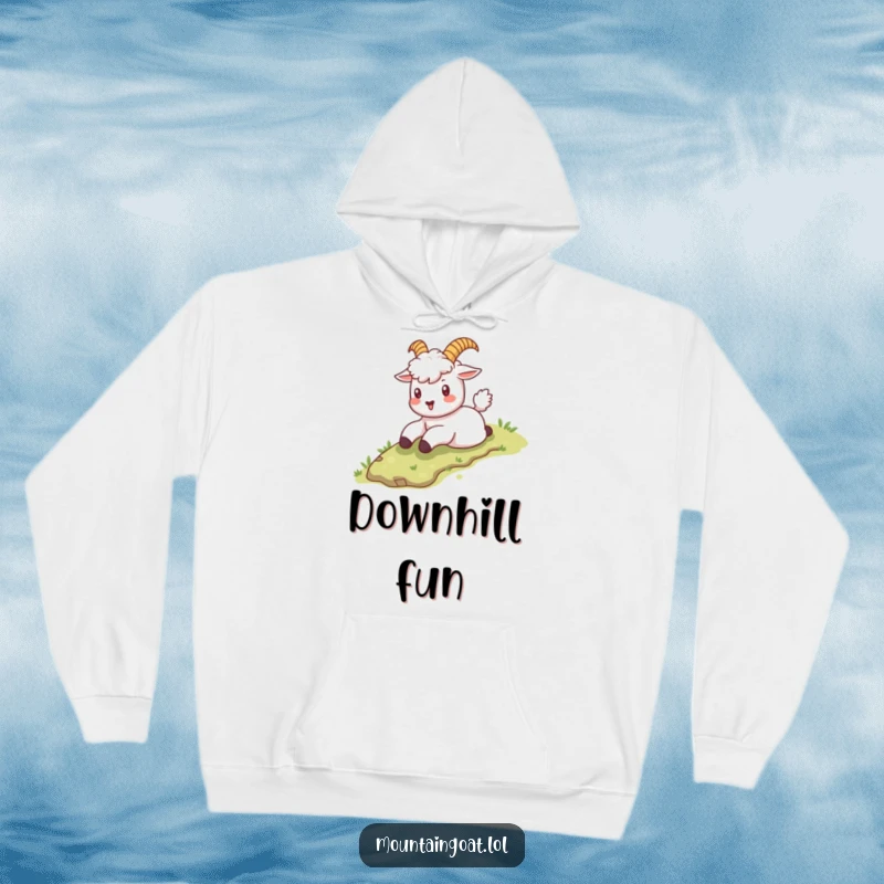 Funny kawaii mountain goat sliding down a grassy slope, perfect for staying warm and playful in this hoodie.