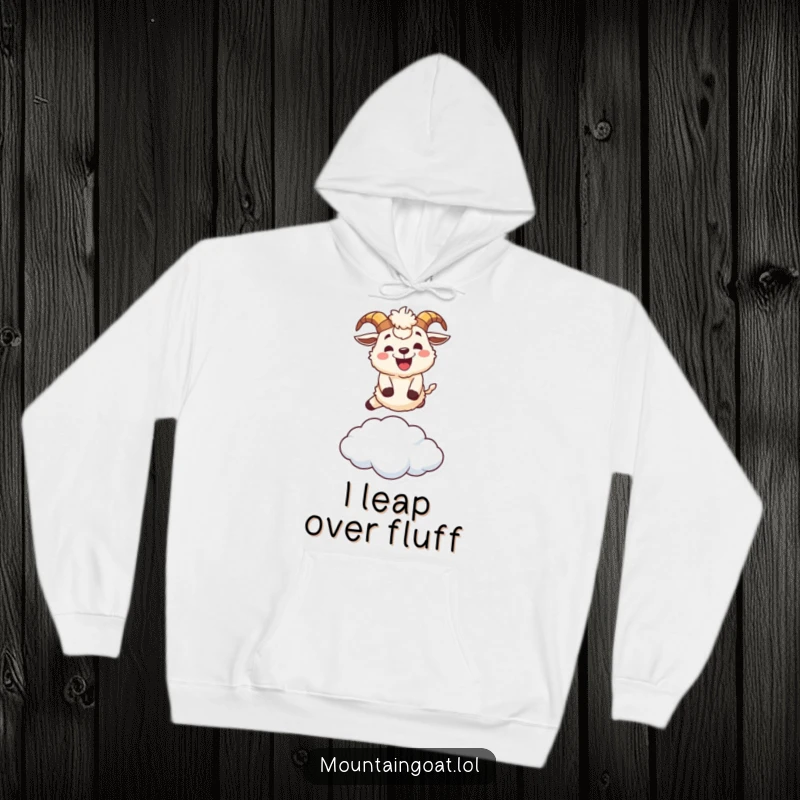 Funny fluffy mountain goat character hoodie, leaping over a tiny cloud with a wide grin, embodying adventure and warmth.