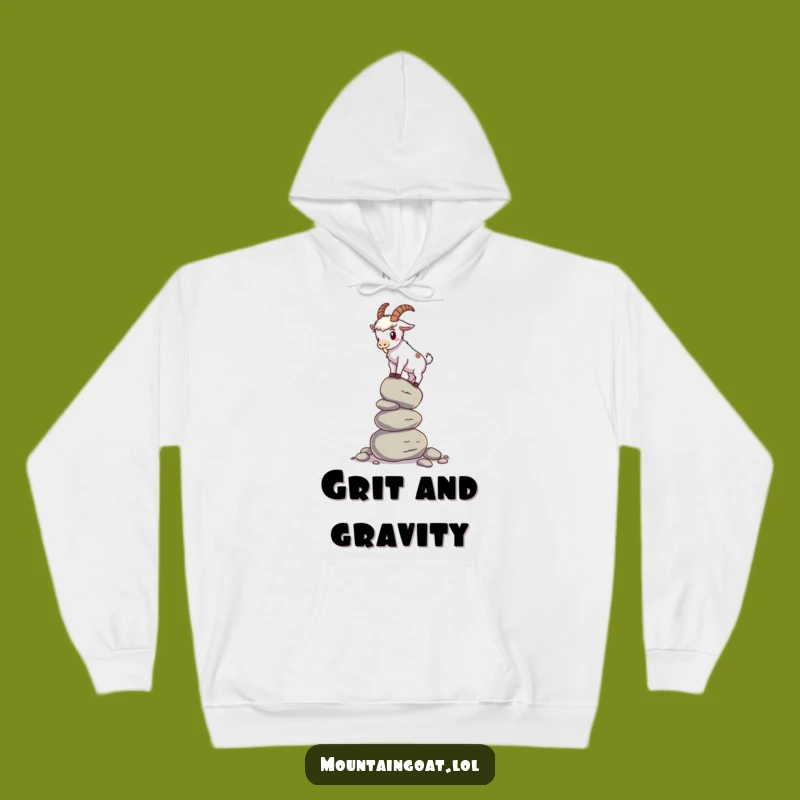 Funny Mountain Goat Hoodie: Wobbly Pebble Balance Goat, Cozy and Humorous Outdoor Wear