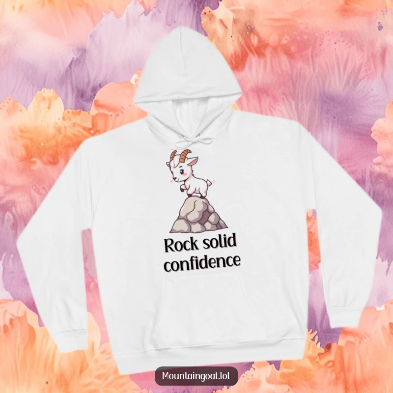 Funny tiny mountain goat hoodie, balancing expertly on a single rock, providing warmth and a reminder of perfect equilibrium.