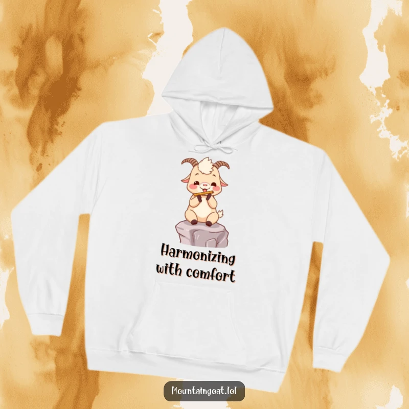 Funny kawaii mountain goat playing a flute on a ledge, featured on a cozy and warm hoodie.