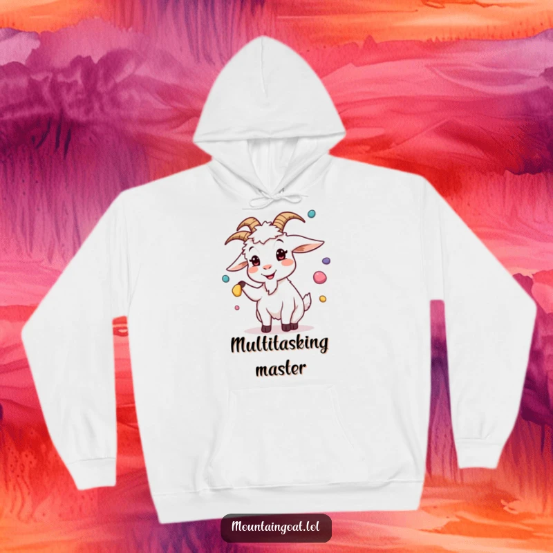 Funny hoodie showcasing a goat with a silly expression juggling pebbles, offering warmth and a whimsical touch for casual wear.