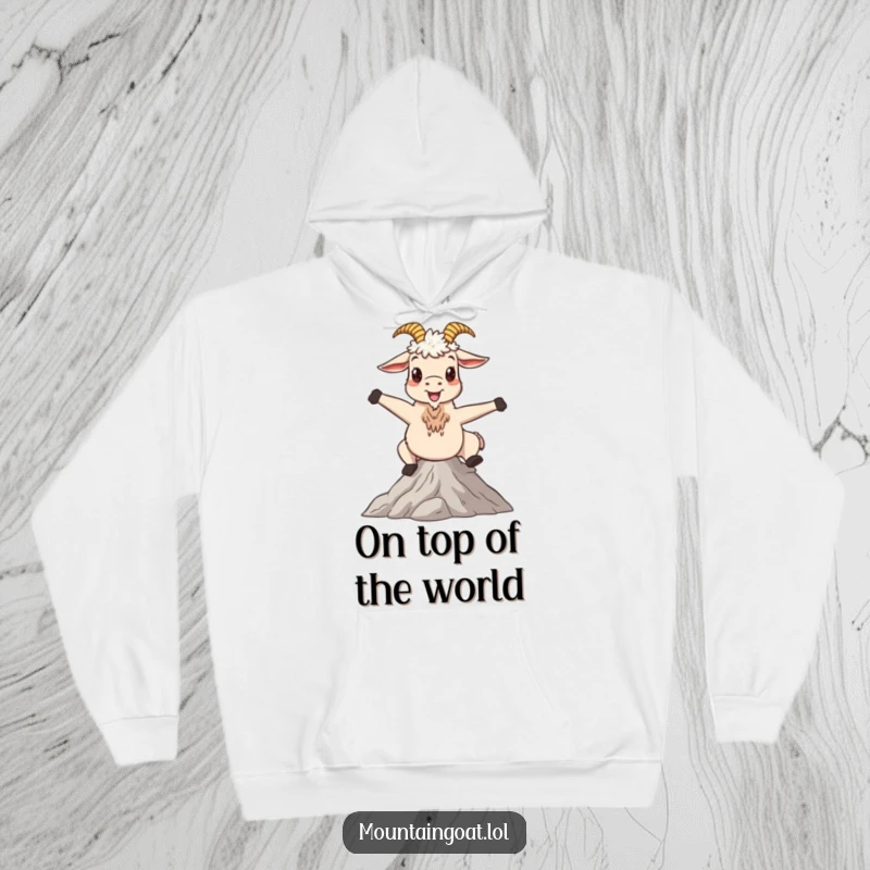 Funny mountain goat hoodie, a happy character striking a whimsical pose on a serene peak, offering comfort and peaceful humor.