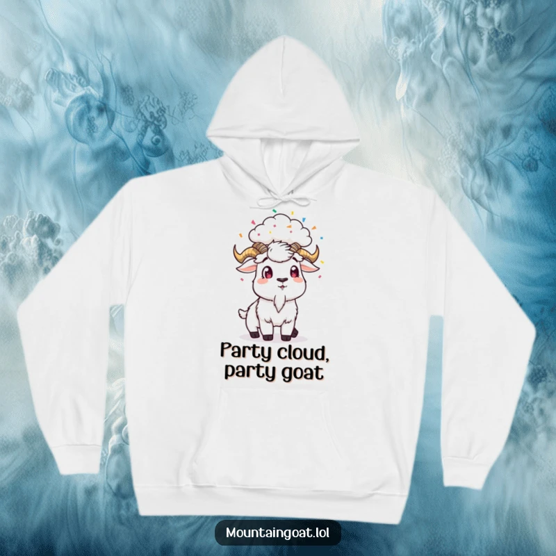 Funny Hoodie: A mountain goat with a surprised expression is showered with confetti from a tiny cloud.