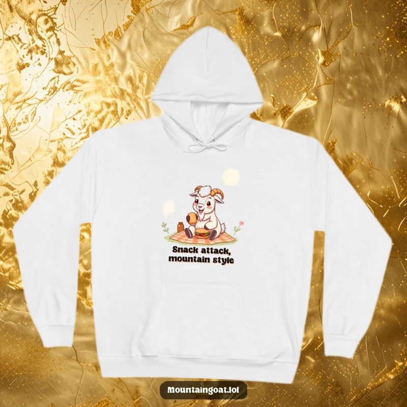 Funny mountain goat hoodie showcasing a content goat enjoying a picnic with a small sandwich, radiating warmth and a sense of simple pleasure.