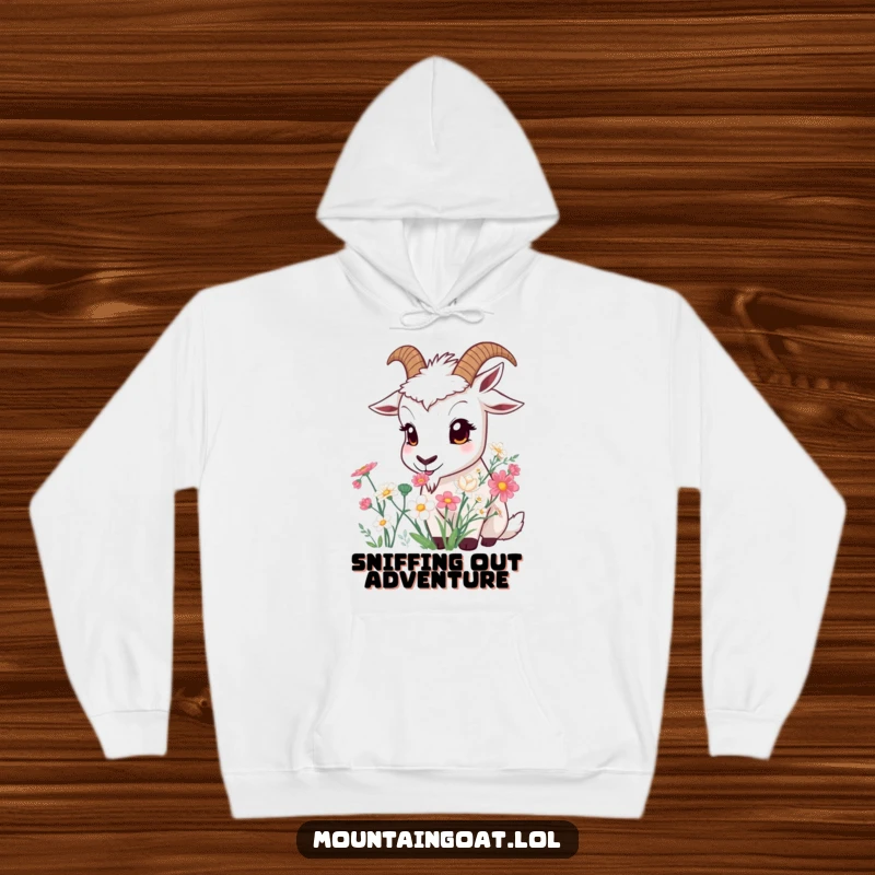 Funny Curious Goat Hoodie: A cozy hoodie with a wide-eyed goat smelling a beautiful bunch of mountain flowers.