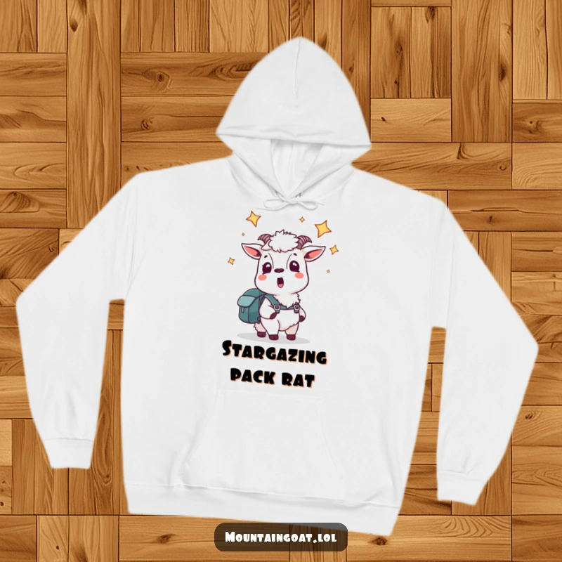 Funny hoodie with a startled mountain goat wearing a backpack, gazing up at the cosmic expanse of stars.
