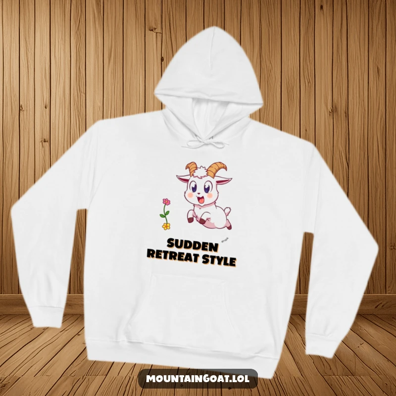 Funny startled goat hoodie, a goat recoiling with wide eyes, dropping a flower in a comically surprised leap.