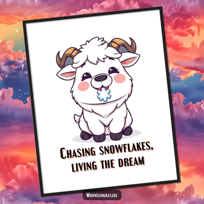 Funny Free Printable Wall Art: A delighted Kawaii mountain goat joyfully catching a snowflake on its tongue, bringing winter cheer.