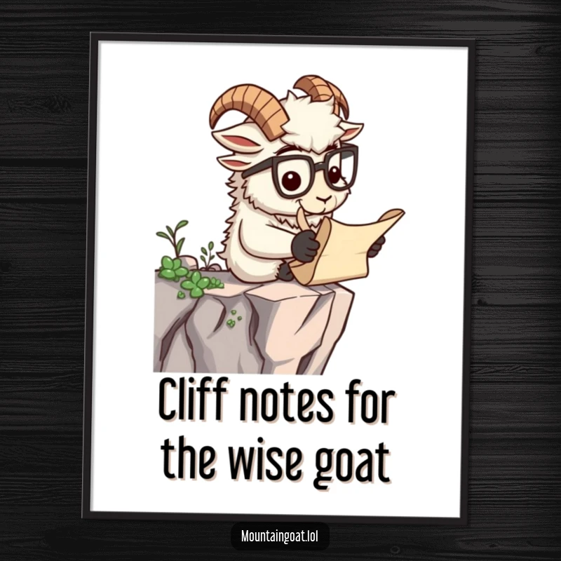 Funny Free Printable Wall Art: Scholarly mountain goat wearing spectacles reads a scroll on a cliff, inspiring downloadable decor.