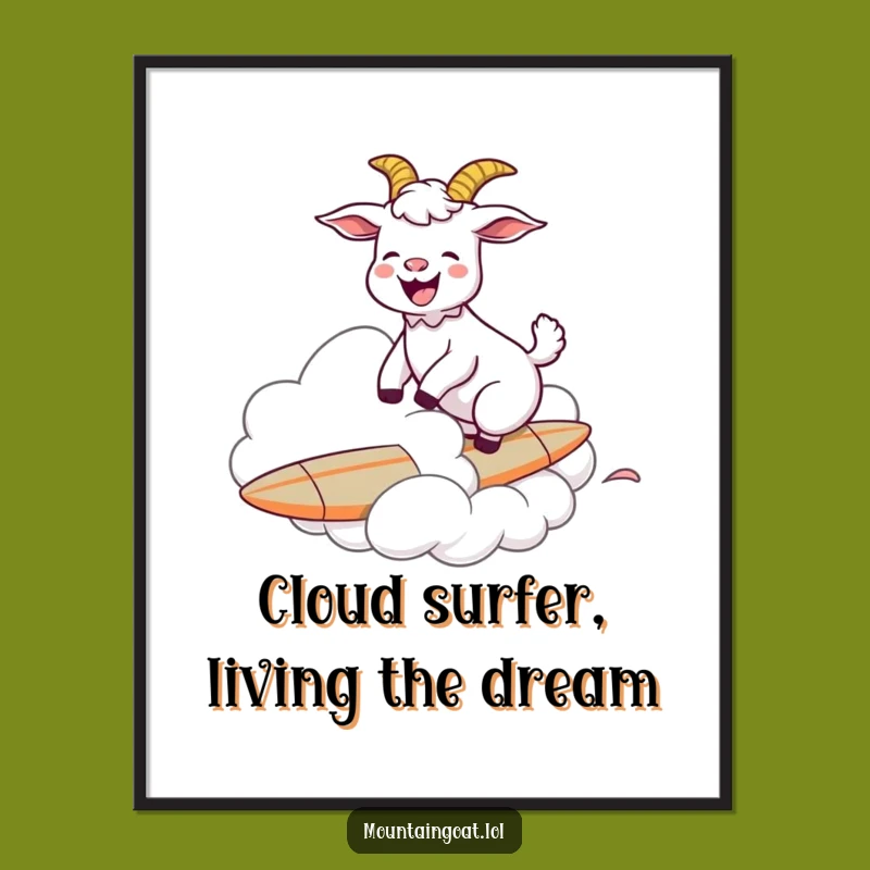 Funny Free Printable Wall Art: Joyful Goat Surfing Cloud, Quirky Downloadable Decor for Any Room