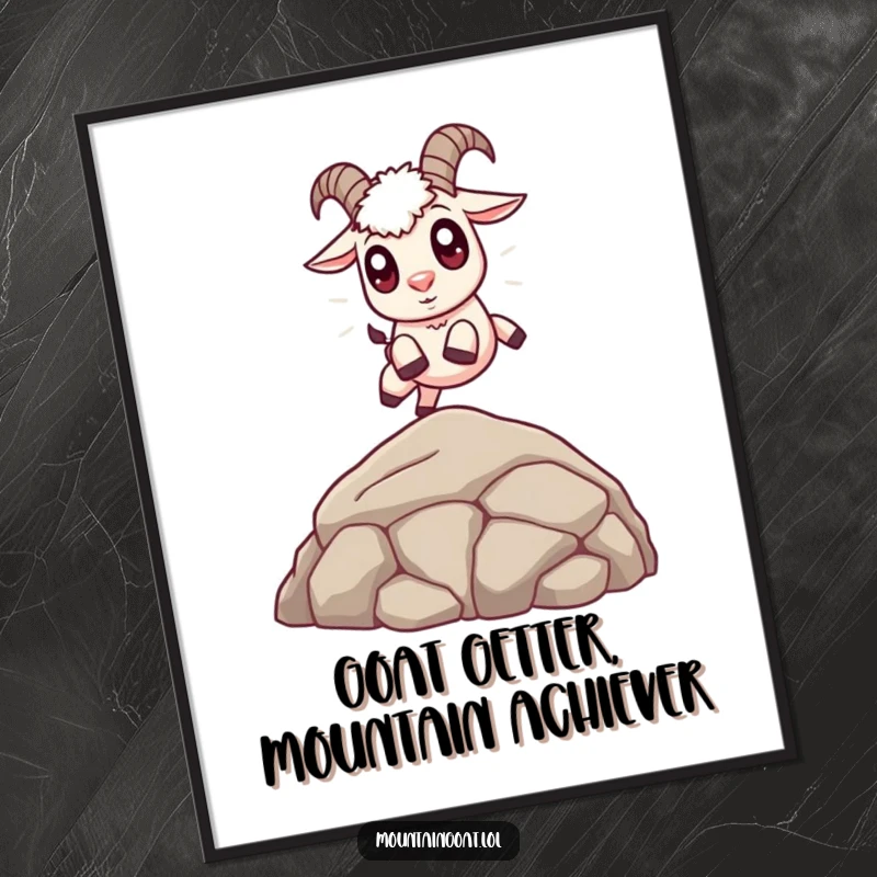 Cute Free Printable Wall Art: An adorable mountain goat with big, charming eyes in mid-leap over a small boulder.