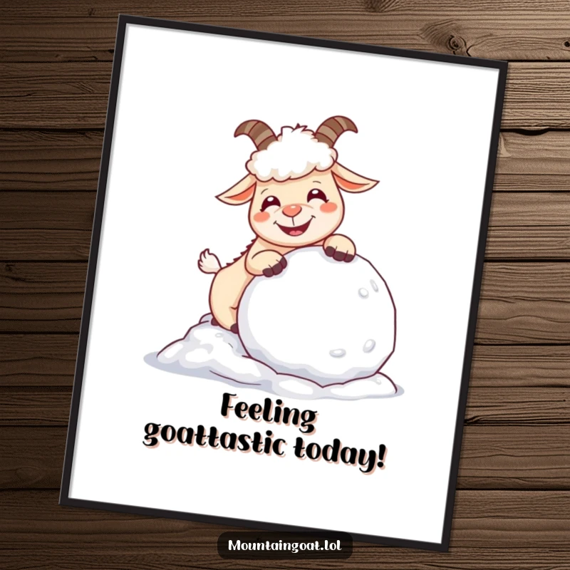 Funny Free Printable Wall Art: Giggling mountain goat playfully nudging a large snowball, bringing humor and charm to any room.