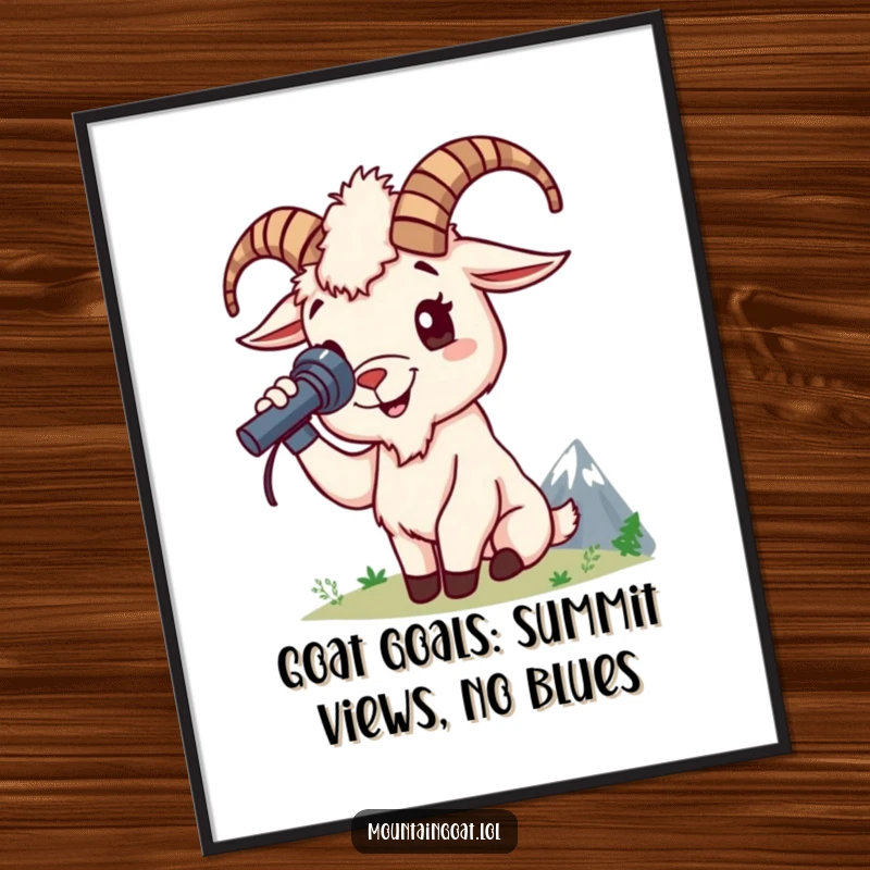 Funny Free Printable Wall Art: A cheerful mountain goat uses a spyglass to scout distant mountain peaks, capturing the essence of adventure.