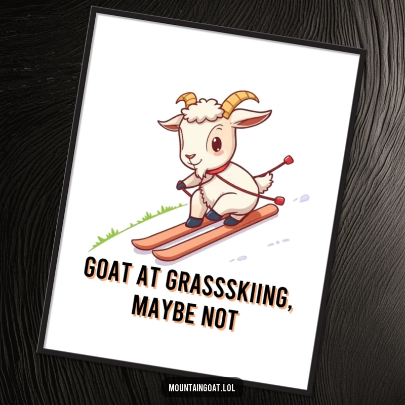 Funny Free Printable Wall Art: A goat comically attempts to ski down a grassy slope, bringing quirky charm to your space. DIY.