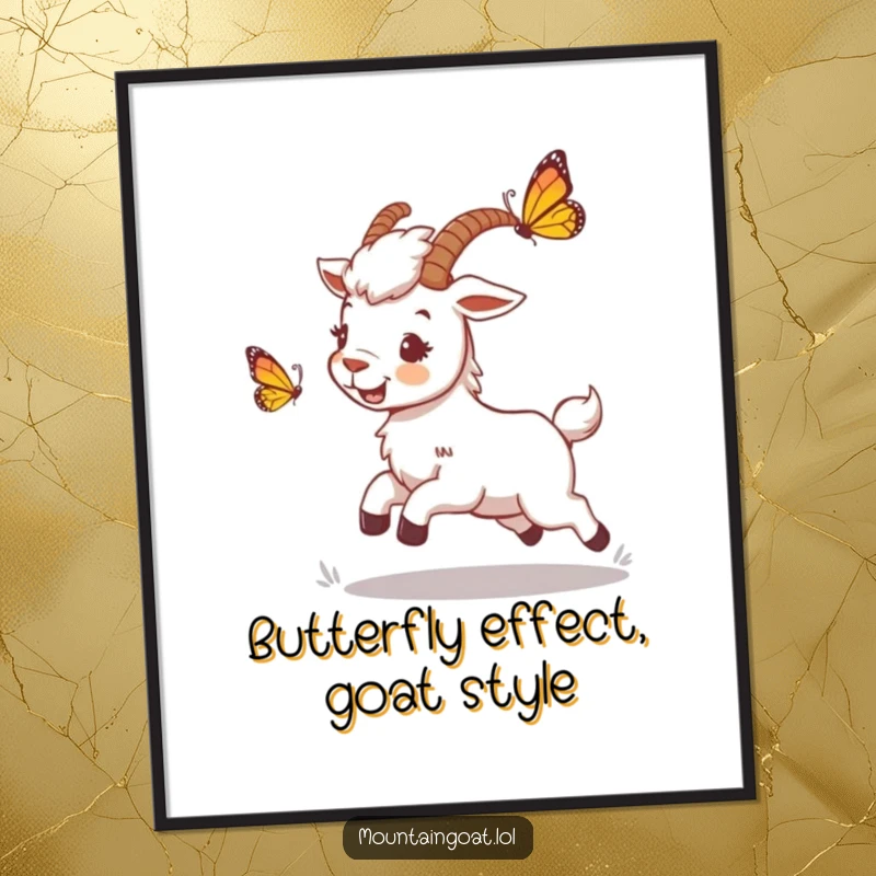 Funny Free Printable wall art of a mountain goat playfully chasing a butterfly through a meadow, capturing a moment of pure joy.