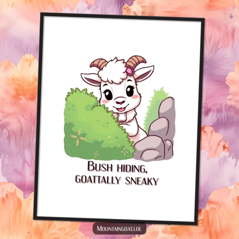 Funny Free Printable Wall Art: A mountain goat with a mischievous grin plays hide-and-seek behind a verdant bush.
