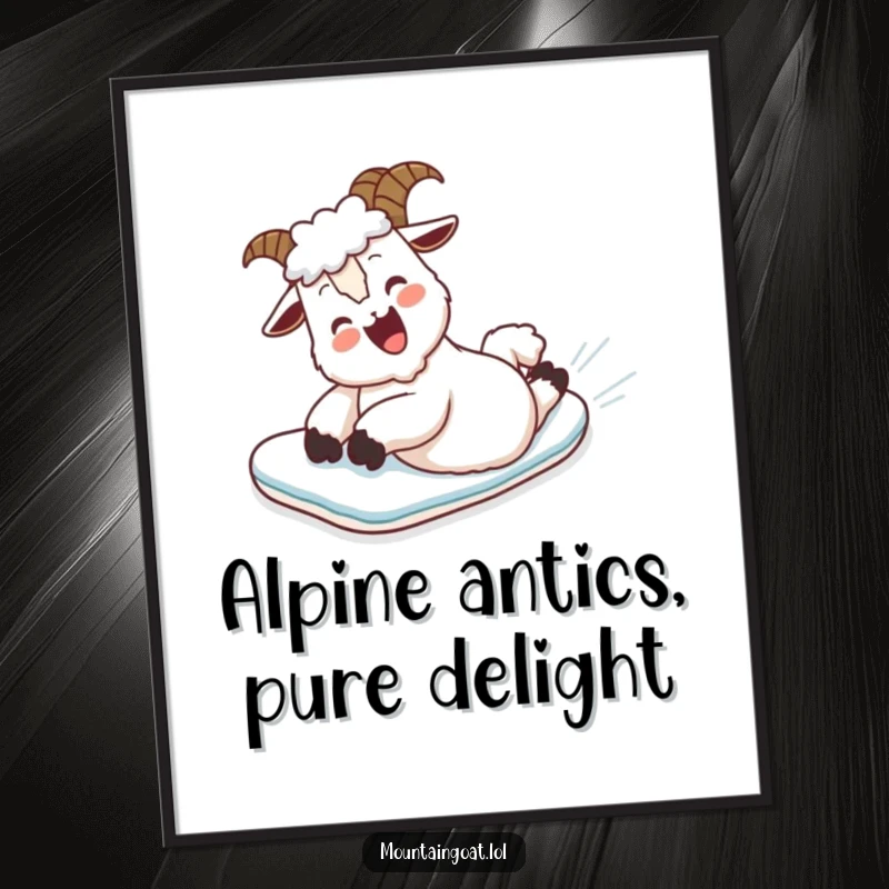 Funny Free Printable Wall Art: A mountain goat with a huge grin belly-slides down a pristine, snow-covered mountain slope.