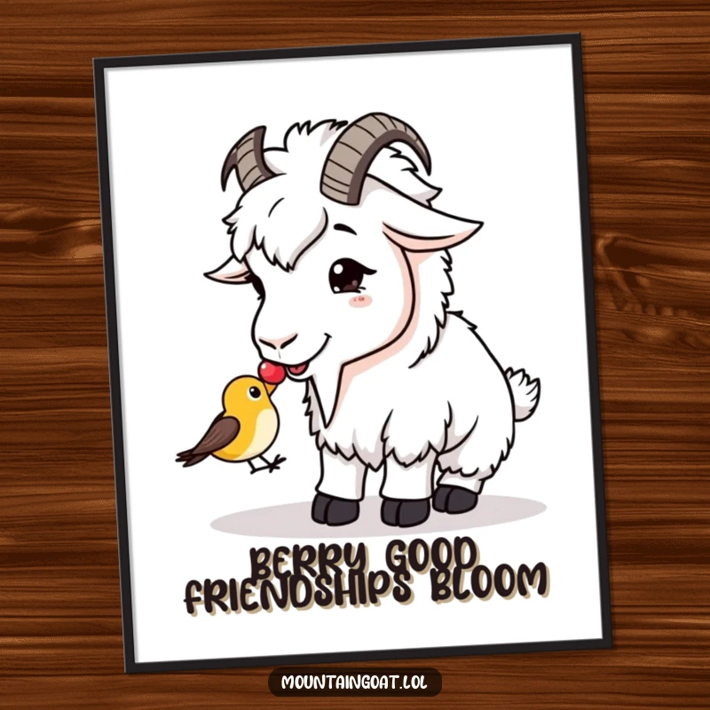Funny Free Printable Wall Art: A mountain goat offers a juicy berry to a tiny, bewildered bird, symbolizing sweet friendship.