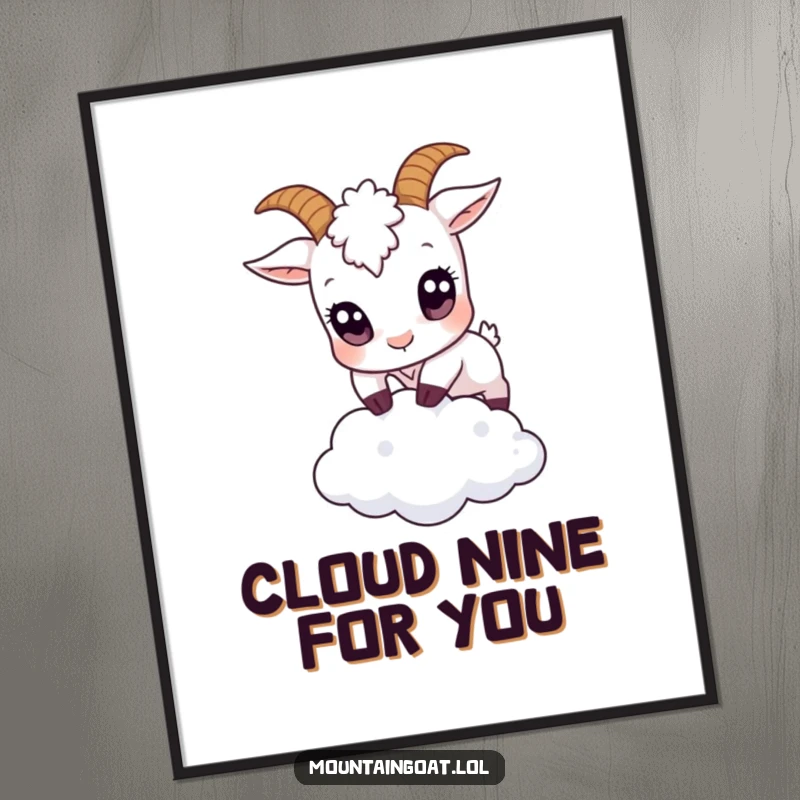 Funny Free Printable wall art depicting a small goat with huge eyes joyfully leaping over a miniature cloud, evoking wonder.