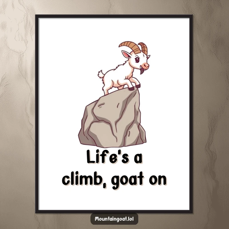 Funny Free Printable Wall Art: Brave mountain goat scaling a small cliff face with determination, embodying strength and humor.