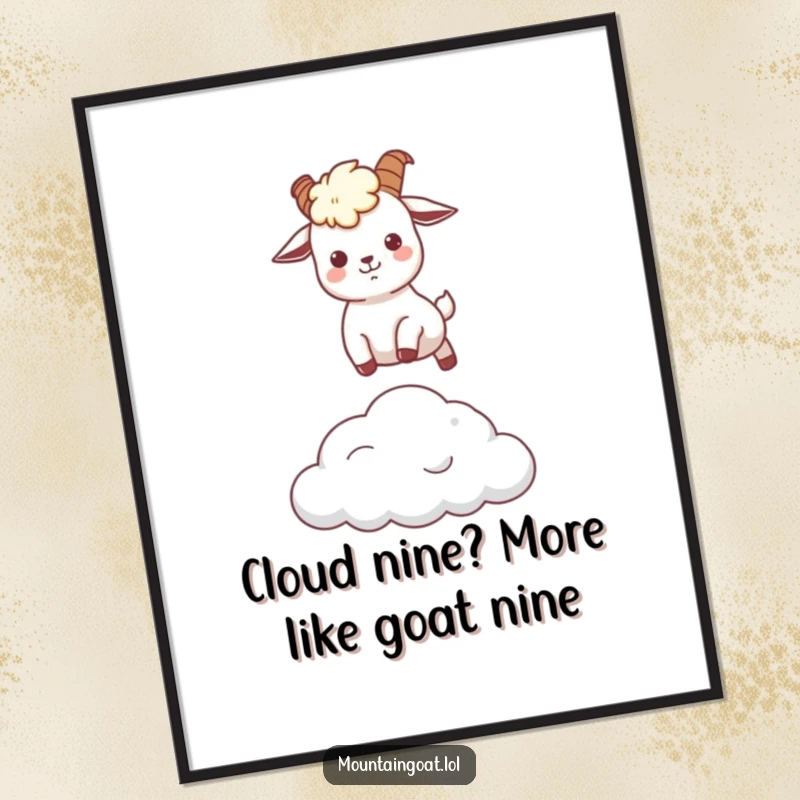 Funny Free Printable Wall Art: A cheerful Kawaii mountain goat gracefully leaping over a small, fluffy cloud in a vibrant style.