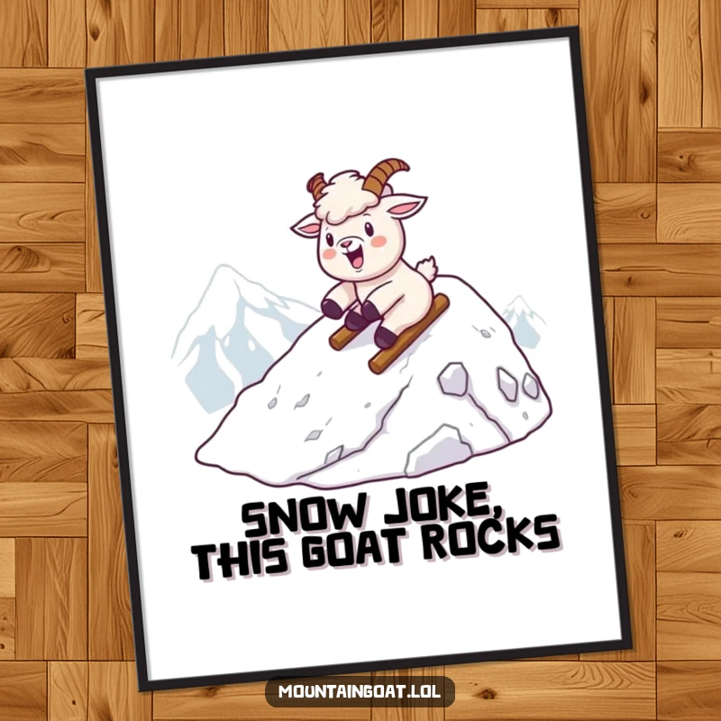 Funny Free Printable Wall Art: An excitedly sliding Kawaii mountain goat descending a snowy peak with a joyful expression, capturing winter fun.