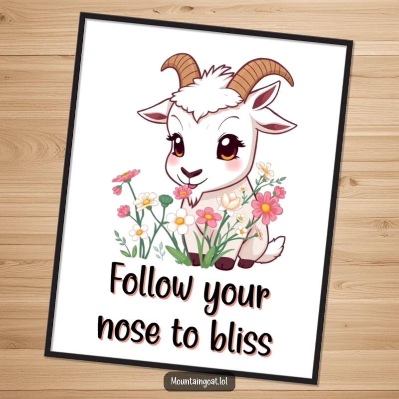 Funny free printable wall art: A curious mountain goat with innocent, wide eyes sniffing a beautiful bouquet of wild mountain flowers.