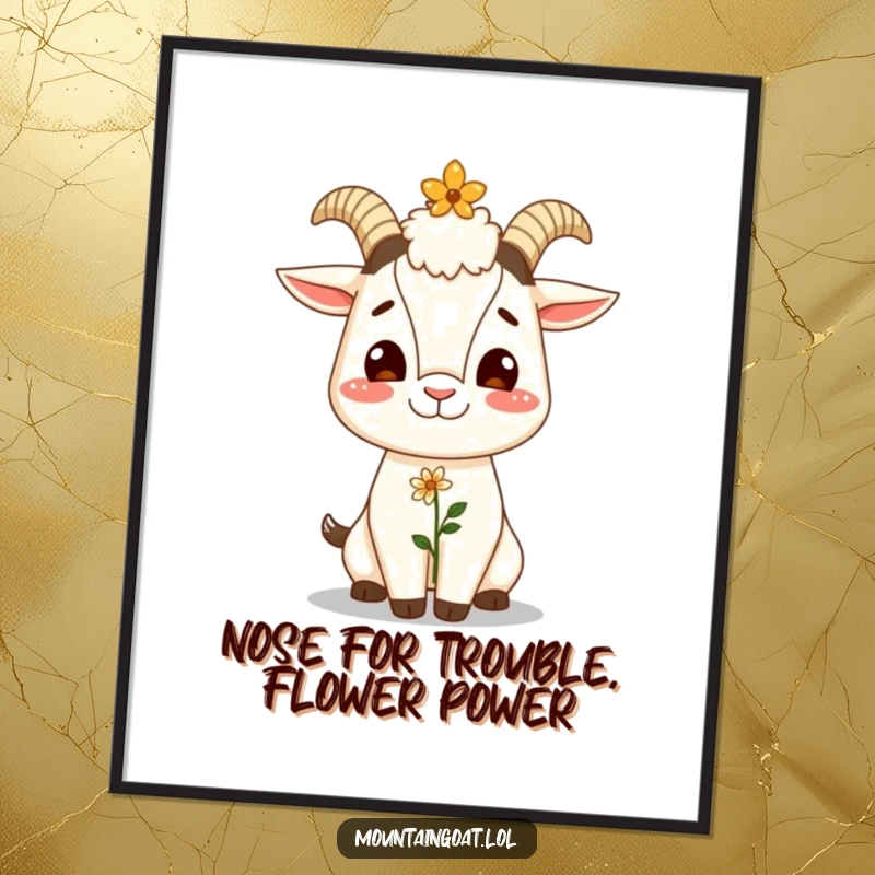 Funny Free Printable Wall Art: Giggling mountain goat balancing a tiny flower on its nose, cheerful downloadable decor.