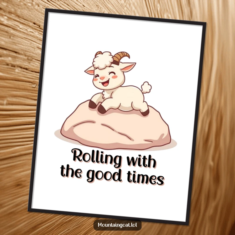 Funny Free Printable Wall Art: Giggling kawaii mountain goat caught mid-roll down a soft hill, radiating pure happiness.