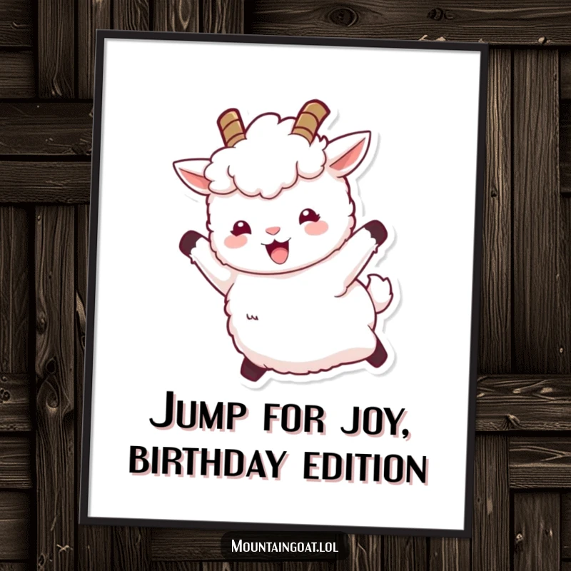 Funny Free Printable Wall Art: Fluffy white mountain goat with tiny horns leaping joyfully, radiating happiness and energy, downloadable decor.