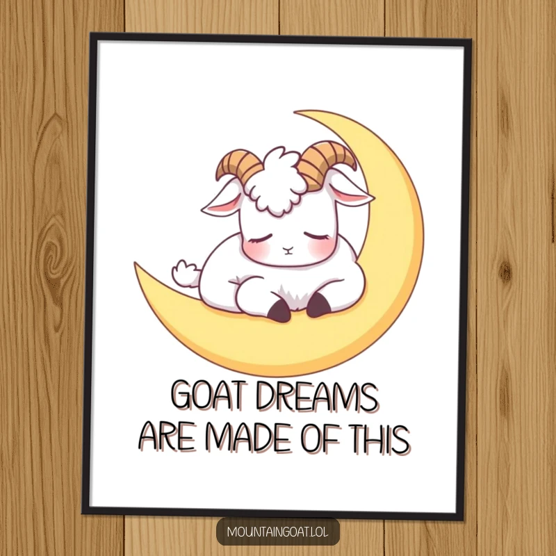 Funny Free Printable Wall Art: Adorable sleepy mountain goat napping peacefully on a crescent moon, perfect downloadable decor.