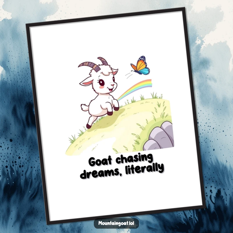 Funny Free Printable Wall Art: A playful mountain goat bounding across a slope after a rainbow butterfly.
