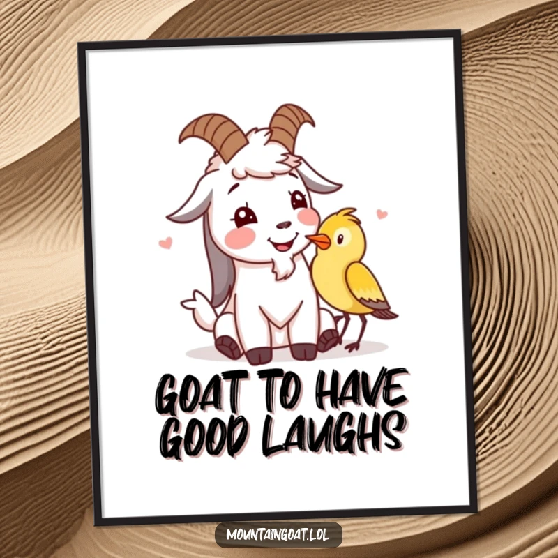 Funny Free Printable wall art: A mountain goat character and a small bird caught in a moment of shared laughter and joy.